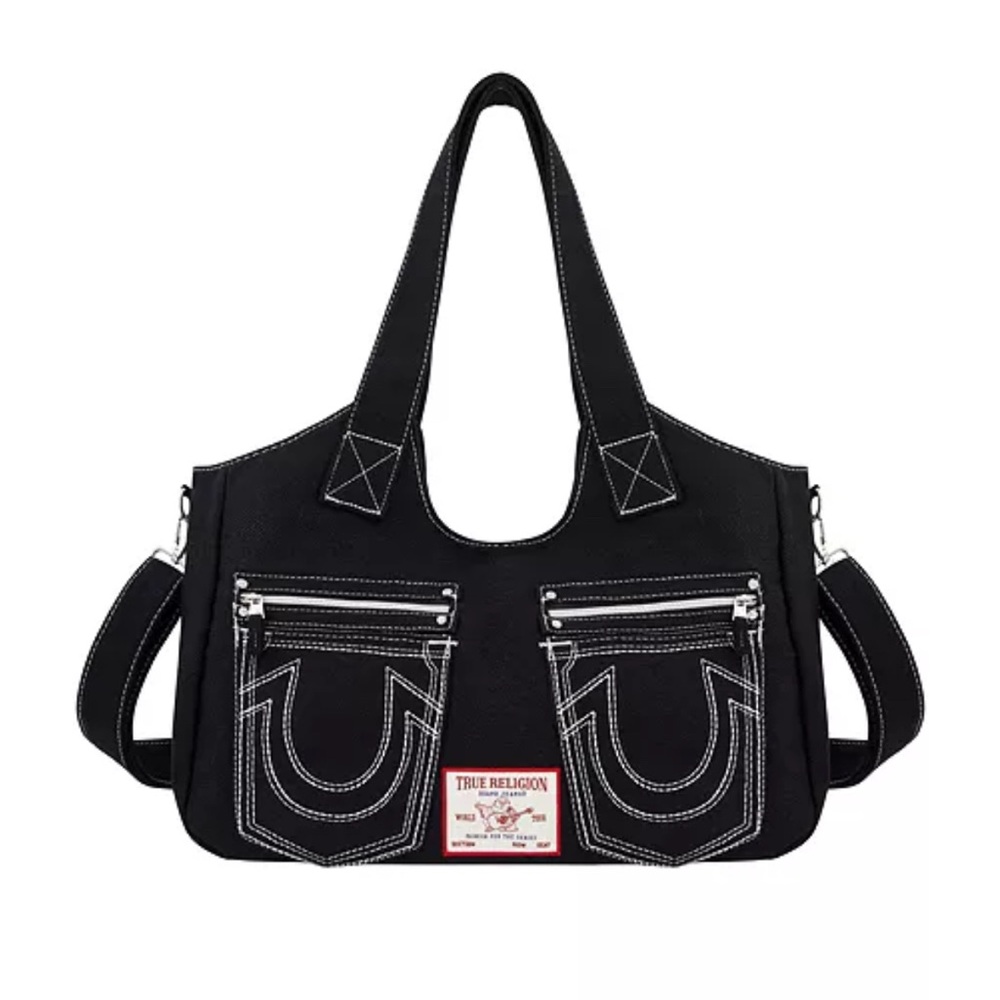 True Religion Black Shoulder Bag with White Stitching